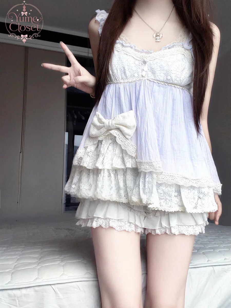 Lace Trim Cami - Conjunto de 2 piezas Coquette Ryousangata