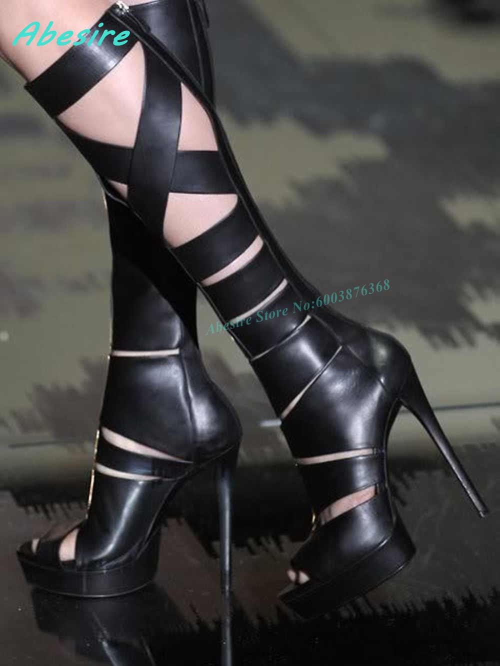 Women'S Fashion Knee High Boots - Sandalias de cuero caladas con cordones
