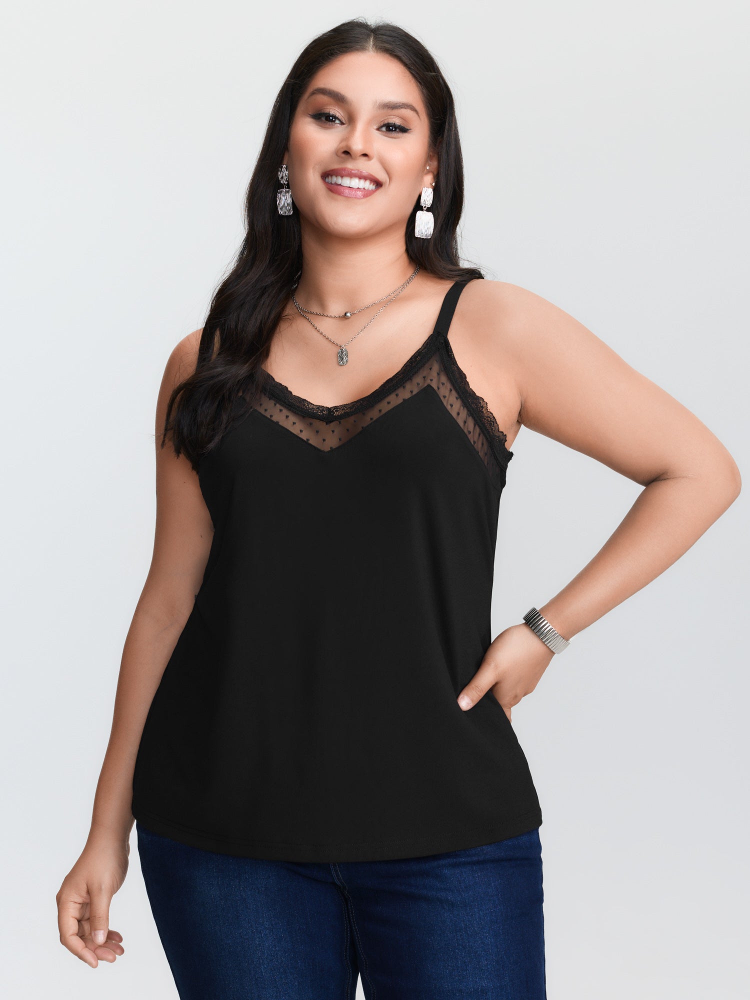 Lace Trim Cami - Camisola de punto negra de talla